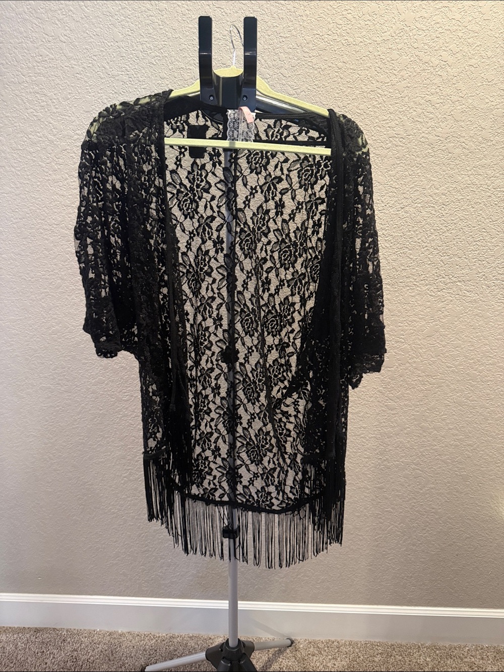 Mauve Black Lace Fringe Open-Front Tunic Kimono. Size Small